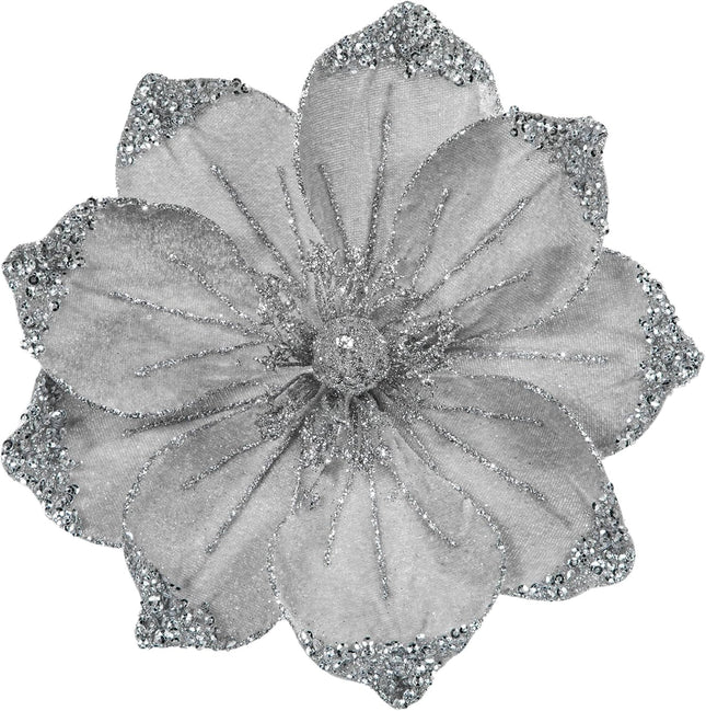 Briful 8in Magnolias Christmas Flowers Glittering Magnolia Flowers Artificial 6Pcs Gray Silver Magnolia Stems for Christmas Tree Decorations, Wreaths, Garland Real Touch Magnolia Xmas Picks