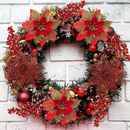 24Pcs Christmas Poinsettia Artificial Flowers and Glitter Berries Kit, 2 Styles Total 16Pcs Christmas Tree Flowers Ornaments, 8Pcs Christmas Tree Picks for Wedding Holiday Decorations, Red Gold