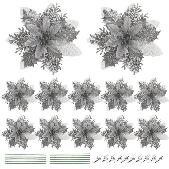 Christmas Glitter Poinsettia Xmas Artificial Flowers Decorations with Clips and Stems Glitter Christmas Tree Fake Flowers for Christmas Wreath Door Garland Xmas Tree Wedding Year
