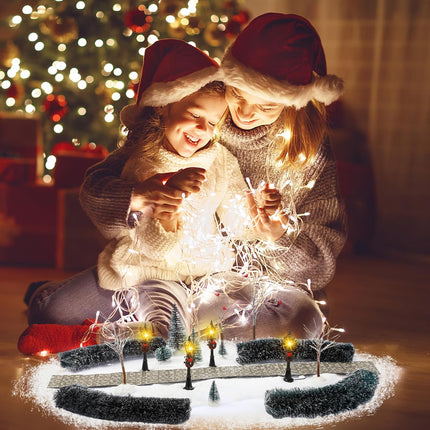 Hotop 18 Pcs Christmas Village Set Mini Snow Covered Christmas Trees Street Lights Christmas Village Accessories for Table Display Winter Decor Holiday Outdoor DIY Crafts(Joyous)