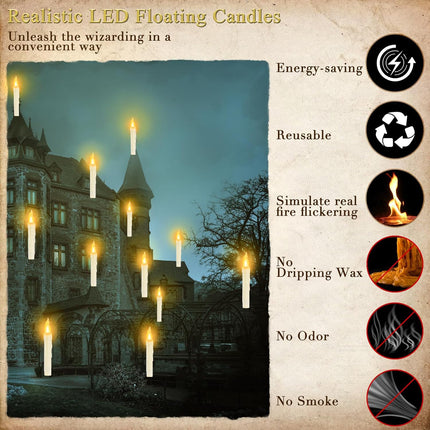 Halloween Decorations - Floating Candles with Wand, 12 Pcs Flameless Candles with Warm Light Flickering, Witch Wizard Christmas Decor for Indoor Home Room Classroom Bedroom Birthday Party