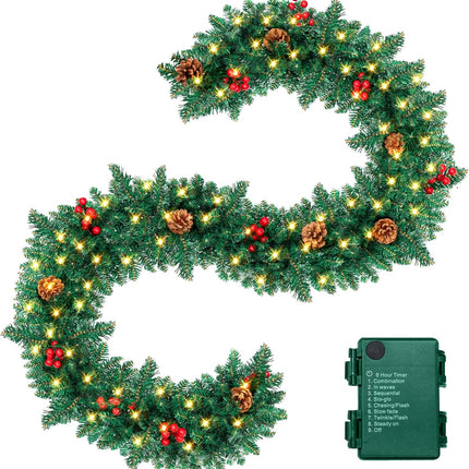 9FT Christmas Garland, Pre-lit Artificial Xmas Garland Decorations Greenery with Berries Cones, Warm White 50 LED Lights, Lighted for Indoor Outdoor Garden Gate Home Winter Holiday Year