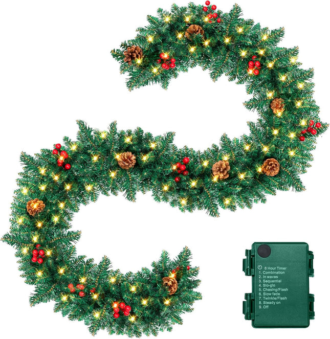 9FT Christmas Garland, Pre-lit Artificial Xmas Garland Decorations Greenery with Berries Cones, Warm White 50 LED Lights, Lighted for Indoor Outdoor Garden Gate Home Winter Holiday Year