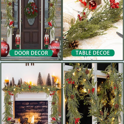 6FT Christmas Garland Artificial Red Berry Greenery Norfolk Pine Garland String Lights with 20 LED Light for Indoor Outdoor Home Mantle Xmas Holiday
