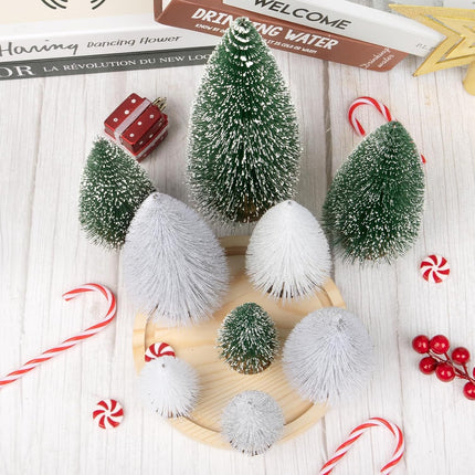 9Pcs Mini Christmas Tree, Bottle Brush Christmas Trees Wooden Base Table Decor with 4 Sizes, Artificial Tabletop Christmas Tree Indoor Village Decor Xmas Decorations(Green+Sliver+White)
