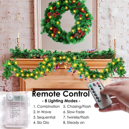 9FT Christmas Lighted Garland, Pre-lit Artificial Xmas Garland w/Battery-Operated String Lights with Timer & Remote - Lush Green Xmas Decor Greenery Wreath Garland for Indoor/Outdoor Party Decor