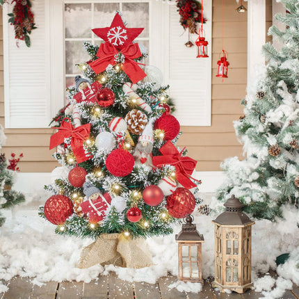 WBHome 1.8 Feet Pre-lit & Pre-Decorated Tabletop Christmas Tree, Red White Ornament Decorations with Pine Cones, Snow Flocked Mini Christmas Tree with Lights, 35 Bulbs (1.8FT)