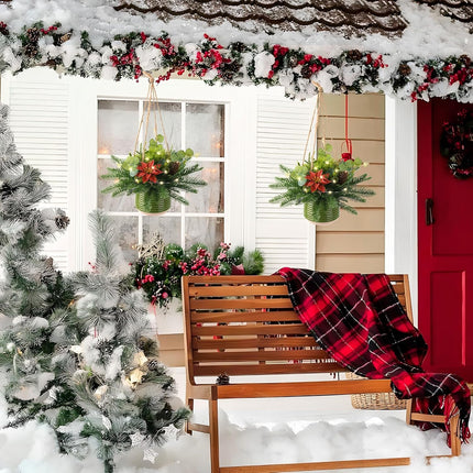 Artificial Christmas Hanging Baskets, Hanging Christmas Tree Basket Decorated with Pine Cones Red Flowers, Christmas Hanging Decoration for Front Porch Garden Patio Outdoor Xmas Decor