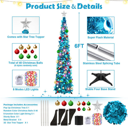 N&T NIETING Christmas Tree, 6ft Collapsible Pop Up Blue Tinsel Christmas Tree with 40pcs Ball Ornaments, Coastal Christmas Tree for Holiday Xmas Decorations Home Display