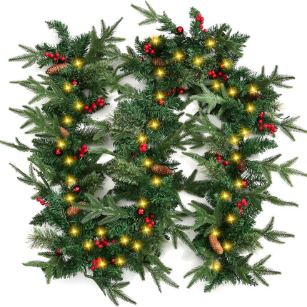 9 Ft Pre-Lit Christmas Decorations Garland with 50 Lights, Holiday PE Mixed Garland with Pine Cone Red Berry Christmas Ball Garlands for Indoor Home Holiday Year Xmas Decorations