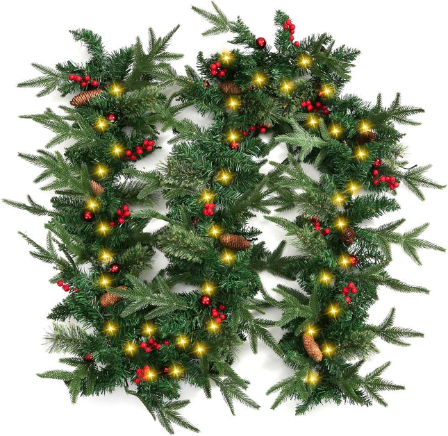 9 Ft Pre-Lit Christmas Decorations Garland with 50 Lights, Holiday PE Mixed Garland with Pine Cone Red Berry Christmas Ball Garlands for Indoor Home Holiday Year Xmas Decorations