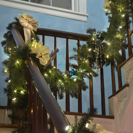 8.9FT Christmas Garland with Lights, Pre-lit Artificial Mantle Garland Christmas, Holiday Decoration for Stairs Railing Fireplaces Indoor Outdoor.