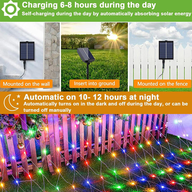 Christmas Net Lights, 204 LED Outdoor Mesh Lights Waterproof, Bush Solar Net Lights with 8-Lighting Modes for Tree Garden Yard Christmas Wedding Party Decoration(Multi-Colored)
