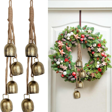 Decorative Bells(2-Piece Set), Tibetan Inspired Meditation Bell, Christmas Decorative Bells with 4 Bells on Jute Hanging Rope, 3" x 2" x 17"