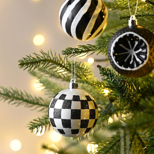 Valery Madelyn Christmas Ball Ornaments Set, 9ct Black and White Shatterproof Boho Christmas Tree Decorations, 2.76 Inch Large Modern Hanging Ornaments Bulk for Xmas Holiday Party Decor