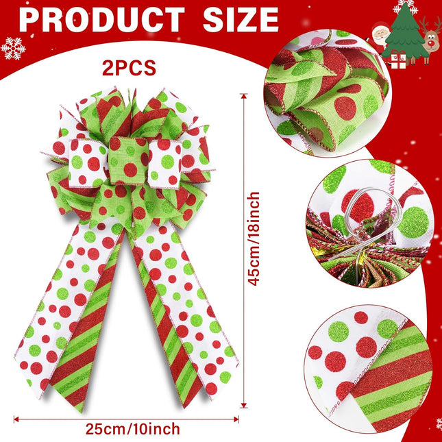 2 Pack Red Green Christmas Bows for Wreaths, Pre-Assembled 10 x 18 Inch Large Christmas Tree Topper Bow Ribbon Xmas Decorations Glitter Polka Dots Ornaments for Trees Garlands Indoor Outdoor Decors