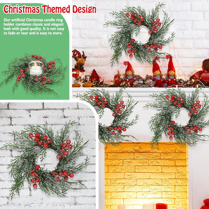 Christmas Candle Rings Wreath Artificial Candle Rings with Red Berry, Snowy Pine Garland Candle Ring Holder for Christmas Decorations Table Centerpiece (6 Pcs)