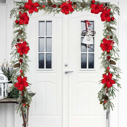 Christmas Garland Decorations, 5.9 FT Real Touch Pine Garland with Red Poinsettias, Flocked Christmas Garland with Red Berries Balls Pinecones for Mantle Front Door Fireplace Table Decor