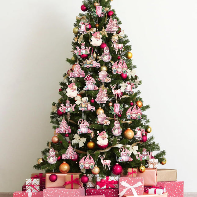 36Pcs Pink Christmas Tree Hanging Ornaments, Wooden Christmas Ornaments for Tree Vintage Rustic Xmas Wooden Hanging Pendants Tags for Winter Holiday Christmas Tree Home Party Decorations