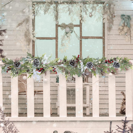 Winlyn 2 Pack 6' Snowy Artificial Pine and Cedar Christmas Garland Pine Cones Red Berries Winter Greenery Garland Christmas Wedding Winter Seasonal Holiday Table Runner Centerpiece Mantel Decoration
