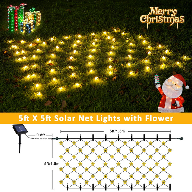 JMEXSUSS Solar Net Lights with Flower Outdoor Waterproof, 5 x 5ft Solar Net Bush Lights Outdoor Mesh Lights, 8 Modes Net Christmas Lights for Bushes, Warm White