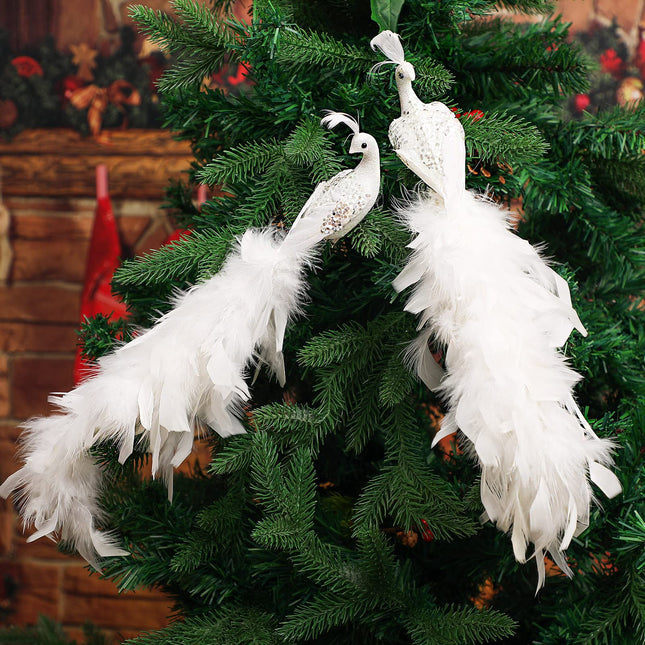 2 Pcs Peacock Christmas Tree Ornaments Long Tail Feather Peacock Christmas Decorations Glitter Peacock Bird Clip On Ornament for Xmas Tree Decor (Simple Style)