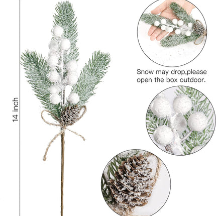 Sggvecsy 6 Pack Snow Frosted Christmas Berries Pine Picks Artificial White Berry Pine Branches Faux Pine Stem with Pine Cones for Xmas Tree Wreath DIY Craft Floral Arrangement Holiday Decor (White)