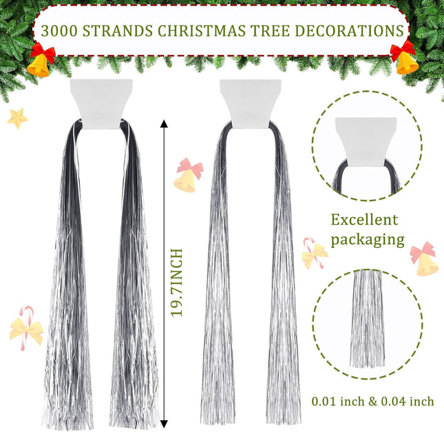 MTLEE 3000 Strands Christmas Tree Decorations Tinsel Garland Iridescent Tinsel Foil Fringe Icicles for Christmas Home Hair Decor Holiday Birthday Graduation Supplies (Silver)