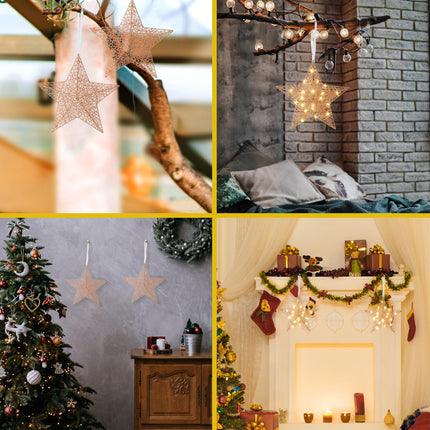 Lewondr Hanging Light Star Shape, 11.8 Inch Lighted Decorative Hanging Ornament, Battery Operated Iron Wire LED Decor Light for Xmas Holiday Room Home Party for Christmas, Timer Function, Rose Gold