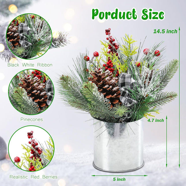 Small Christmas Tree Artificial Potted with Pinecones Berries Christmas Centerpiece Table Decorations, Christmas Flower Arrangements for Indoor Home Fireplace Mantel Xmas Decor