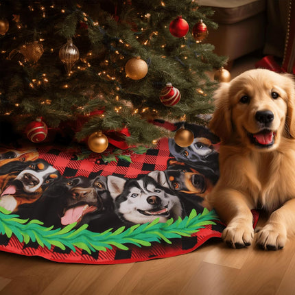 Christmas Dogs Tree Skirt 36 Inches, Dog Lover s, Lace-up Puppy Red Xmas Tree Skirt for Christmas Tree Decor, Christmas Holiday Party Indoor Decor
