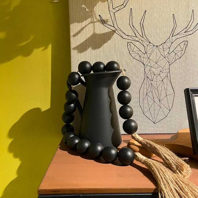 OMISHE Large Wood Bead Garland Black with 1.6" Diameter Wooden Beads and Tassels, 41" Long Rustic Farmhouse Country Wood Beads Garland for Home Tiered Tray Decor, Decorative Beads Garland Black