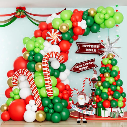 Christmas Balloon Garland Arch Kit with Xmas Red Dark Green White Gold Lime Green Balloon Candy Balloon Cane Balloon Silver Siamese Exploding Star Balloon for Christmas Party Decorations