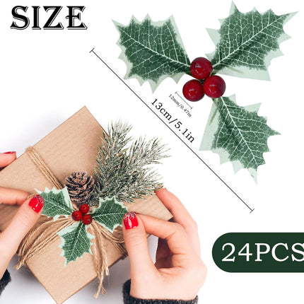 Holly Berries with Green Leaves, 24PCS Artifical Red Holly Berry Flowers for Christmas Tree/Wreath Arrangement Decorations, Red Berry Christmas Picks for Crafts s Wedding Party Decor