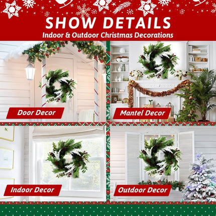 Large Christmas Wreath, 22 Inch Artificial Wreath with Red and White Berry, Pine Cone and Branches, Eucalyptus, Handmade Wreath for Xmas Home Front Door Window Decoration