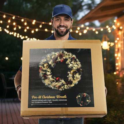 Pre-lit Christmas Wreath 28" Extra Large Christmas Wreath Artificial Deluxe Lighted Plug in Christmas Decorations Ornament with Lights Door Window Fireplace Decor 10ft Cable