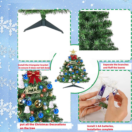Mini Christmas Tree with Lights,Tabletop Christmas Tree, 2Ft Green Christmas Tree with Boxes for DIY Christmas Decorations(Bells, Christmas Balls,Star) Xmas Home Party Decor