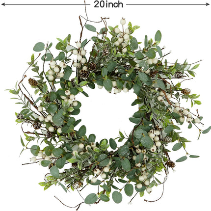 Christmas Wreath, Christmas Wreaths for Front Door, Winter Eucalyptus Wreath with Pine Cone and White Berry Wreath for Indoor Outdoor Farmhouse Wall Window Home Decoration.