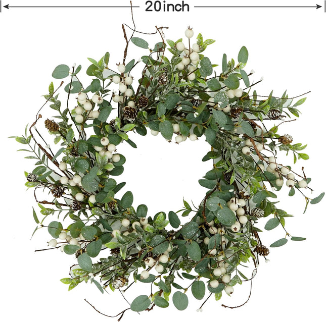 Christmas Wreath, Christmas Wreaths for Front Door, Winter Eucalyptus Wreath with Pine Cone and White Berry Wreath for Indoor Outdoor Farmhouse Wall Window Home Decoration.