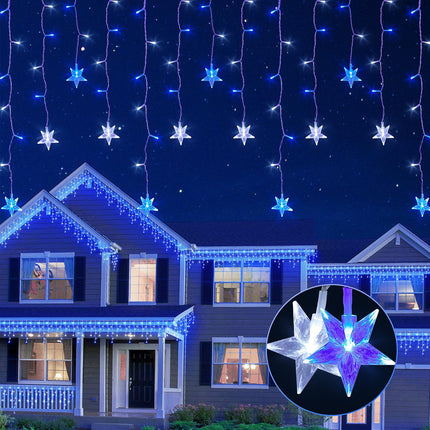 Icicle Lights Outdoor,16.5FT 200 LED Curtain Fairy Lights,40 Drops 8 Modes with Timer Icicle Star Lights,Hanging Led String Lights for Backdrop,Wedding,Party,Christmas Decorations,Blue&White