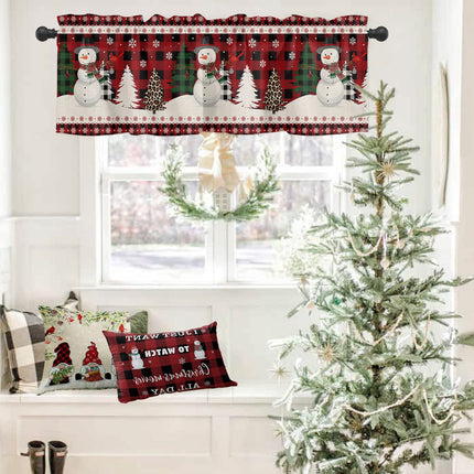 Christmas Snowman Curtain Valances for Windows Living Room, Winter Snowflake Xmas Tree Curtain Toppers and Valances for Bedroom, Bird Red Black Plaid Rod Pocket Kitchen Curtains Valances 54"x18"