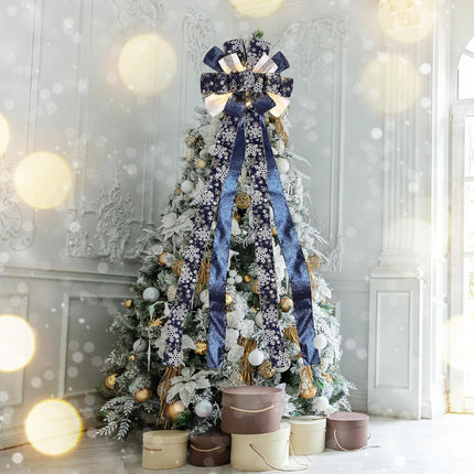 Zeyune Christmas Tree Topper 12 x 45 inches Large Christmas Bows LED Lights Glitter Satin Mesh Streamer Snowflake Ribbon Decorative Bows for Christmas Tree Decorations(Blue)