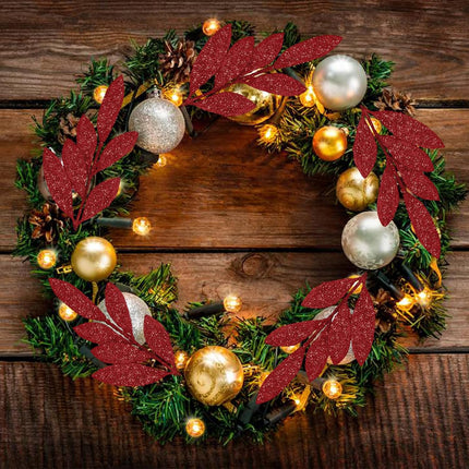 Krissing 60 pcs Christmas Glittered Red Leaves, 13" Artificial Glitter Christmas Tree Branches and Sprays for DIY Wreath Christmas Tree Decorations