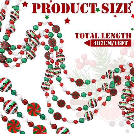 16 Feet Christmas Candy Cane Garland Christmas Tree Peppermint Ornaments Candy Garland Wreaths Christmas Ball Garland Xmas Bead Hanging Ornaments for Holiday Party Fireplace Home Decor (Sequin)