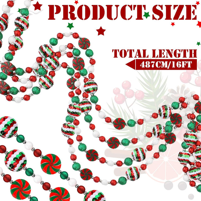 16 Feet Christmas Candy Cane Garland Christmas Tree Peppermint Ornaments Candy Garland Wreaths Christmas Ball Garland Xmas Bead Hanging Ornaments for Holiday Party Fireplace Home Decor (Sequin)