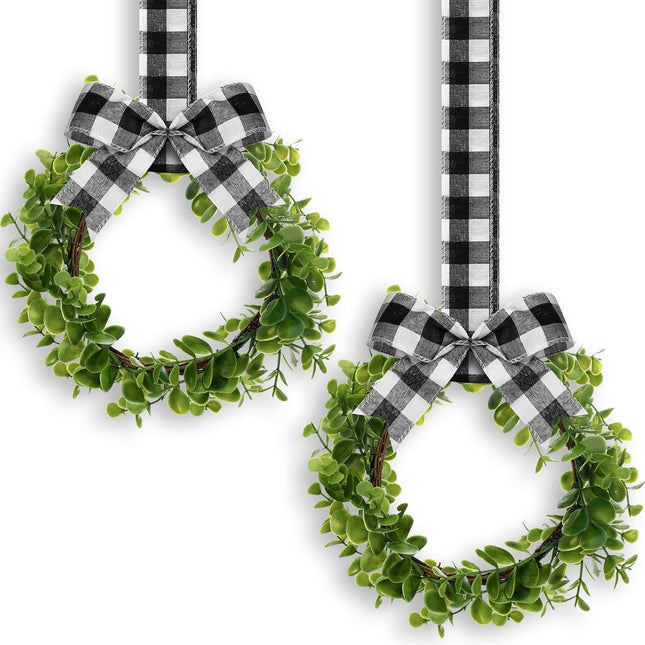 2 Pieces Faux Kitchen Christmas Cabinet Wreaths Boxwood Wreaths with Ribbon Buffalo Plaid Kitchen Decor Hanging Wreaths Small Farmhouse Wreaths Artificial Greenery Wreaths for Kitchen Cabinet Doors