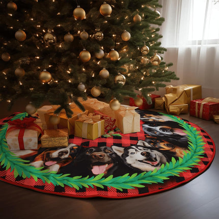 Christmas Dogs Tree Skirt 36 Inches, Dog Lover s, Lace-up Puppy Red Xmas Tree Skirt for Christmas Tree Decor, Christmas Holiday Party Indoor Decor