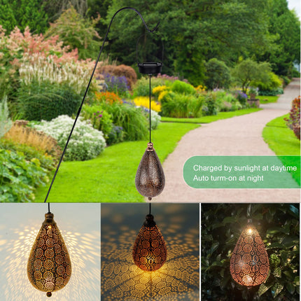 MAG 2 Pack Solar Hanging Lights, Solar Powered Decorative Retro Lantern with Handle, Warm White LED Christmas Garden Boho Flower Lights, Metal Drop Shape Waterproof Outdoor Yard Tree Fence Patio