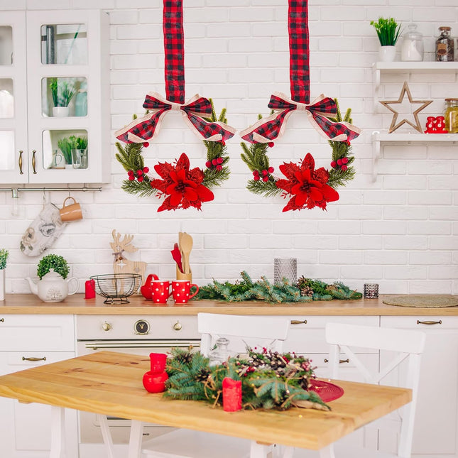 Mini Christmas Wreaths for Kitchen Cabinets - 2 Pcs 10 Inch Small Cabinet Wreath with Plaid Bow Ribbon, Norfolk Pine, Red Berry for Xmas Fireplace Window Farmhouse Indoor Home Wall Decorations