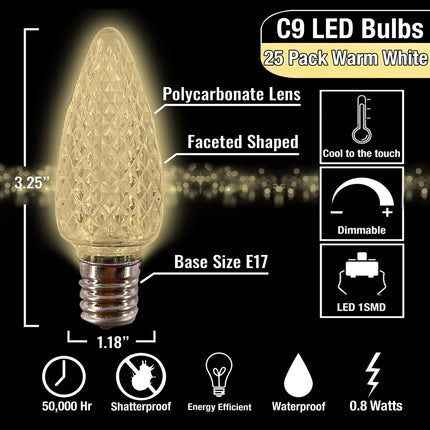 C9 Christmas Lights LED Bulb (Pack of 25) Soft Warm White Replacement Christmas Light Bulbs Faceted Retrofit Candle Shape Commercial Grade E17 Socket Roof Lights Bulbs